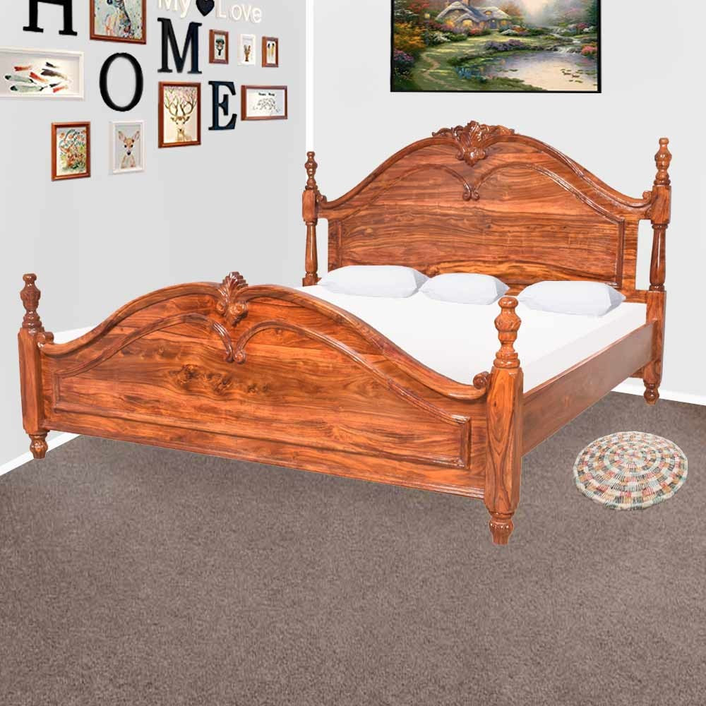 Shop for Solid Wood Sheesham Bed With Carving Design Online in ...