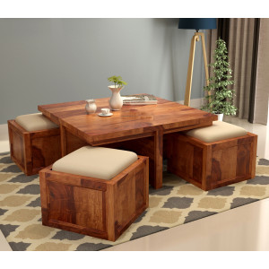 Naoshi Sheesham Wood Coffee Table with 4 Seating Stools 