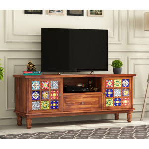 Boho Sheesham Wood Tv Cabinet with Ceramic Tiles & Storage 