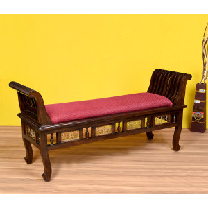Myla-II Ottoman Cushioned Double Seater with Striped Wood Pattern in Walnut Finish