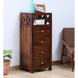Solid Wood Chest of Drawers for Living Room | Sideboard with Bookcase with 4 Drawers in Walnut 