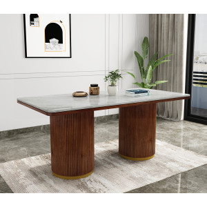 Saumik Marble Top Teak Wood 6 Seater Dining Table 