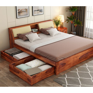 Walken Sheesham Wood Bed with Full Drawer Storage 